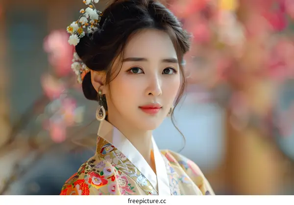 Portrait of a beautiful young Korean woman in traditional Korean dress, or Hanbok