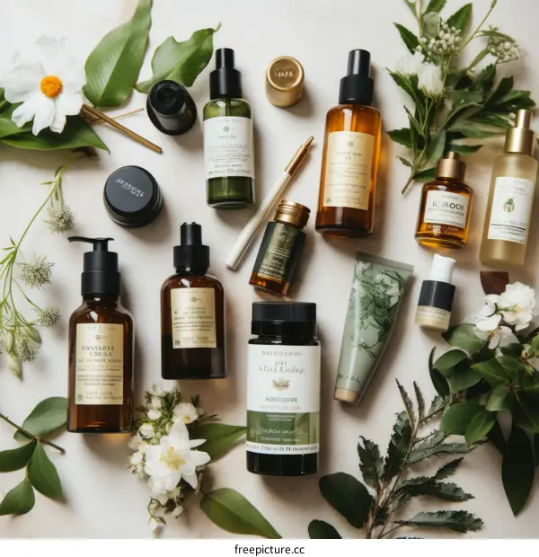 Natural Organic Skin Care Products with Green Leaves