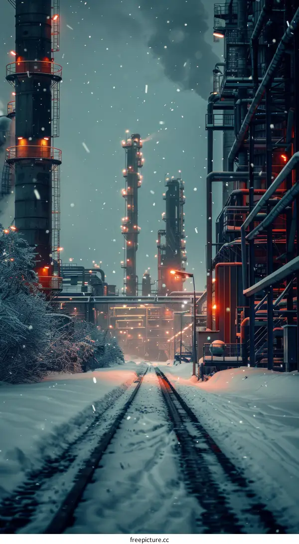 Snowy railroad tracks leading to an industrial building complex at night