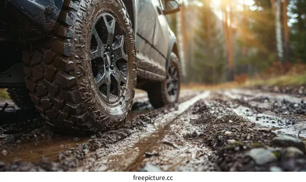 SUV driving through muddy forest road