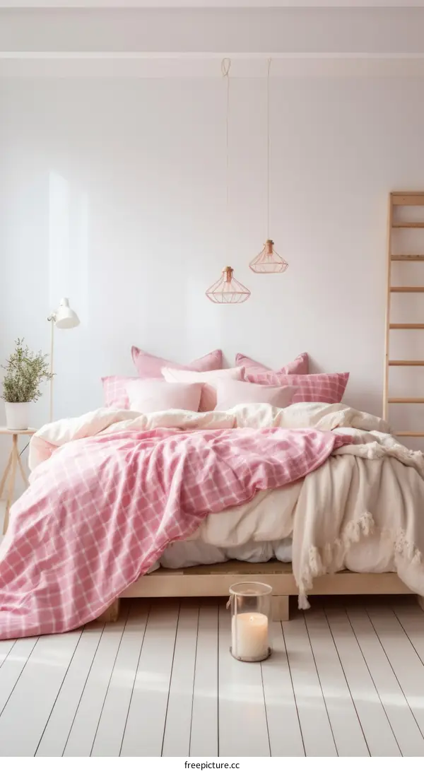 Cozy pink and white bedroom with a wooden bed frame, white walls, and a white ladder.