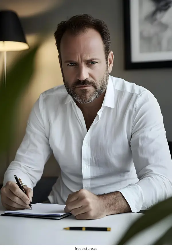 Portrait of a Man Writing in a Notebook at a Desk
