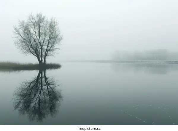 A tree stands alone in the middle of a foggy lake