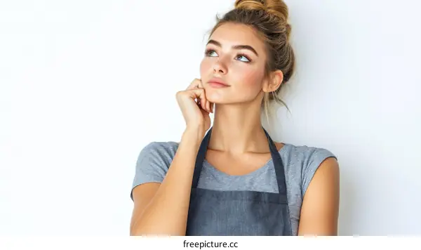 Thoughtful Woman in Gray Apron