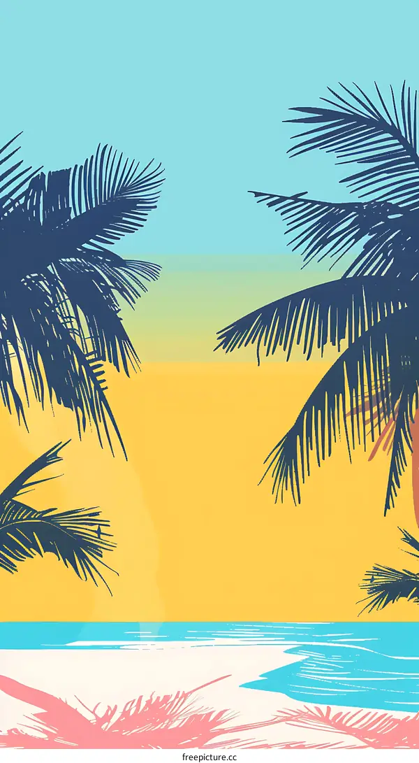 Tropical Beach Summer Sunset Palm Tree Minimalist Illustration