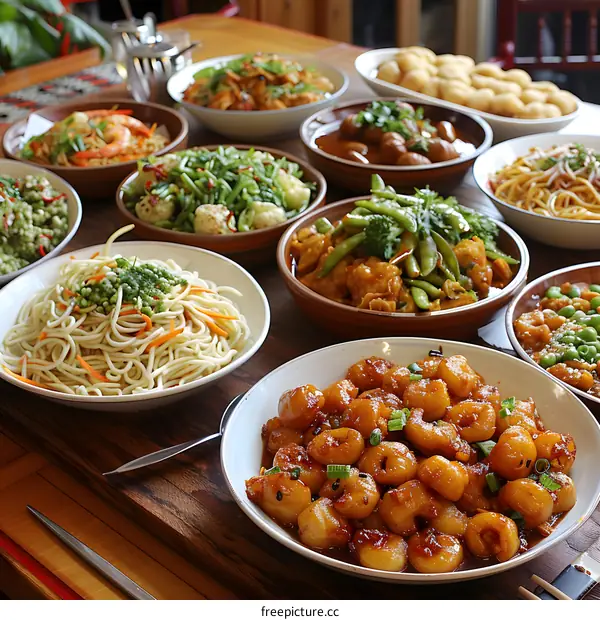 Delicious Chinese Food Dishes on a Wooden Table