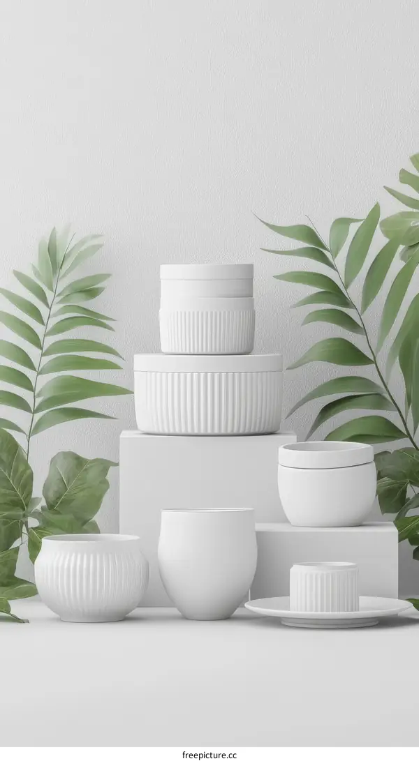 Elegant White Ceramic Display with Tropical Plants