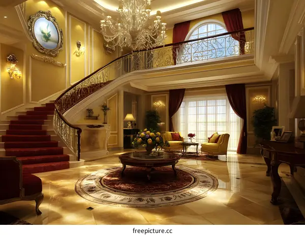 Luxury Interior Design with Elegant Staircase and Chandelier