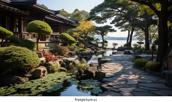 Japanese garden with a pond, trees, and a stone path