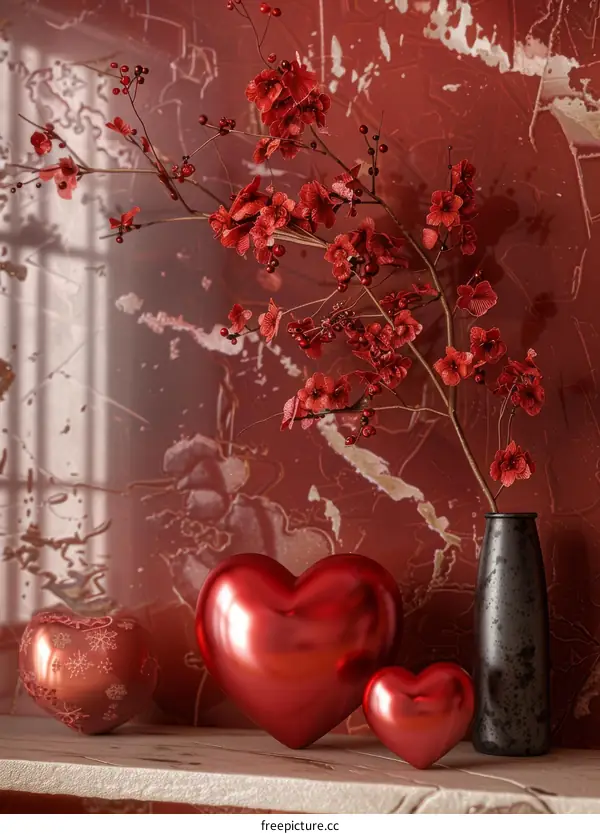 Red Flowers in a Vase with Heart Shaped Decor