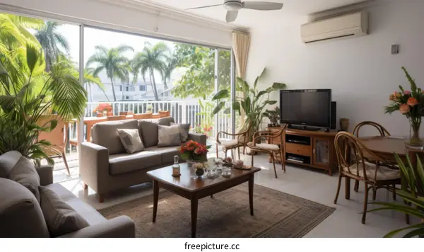 Bright living room with tropical garden view