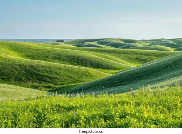 Green rolling hills under blue sky