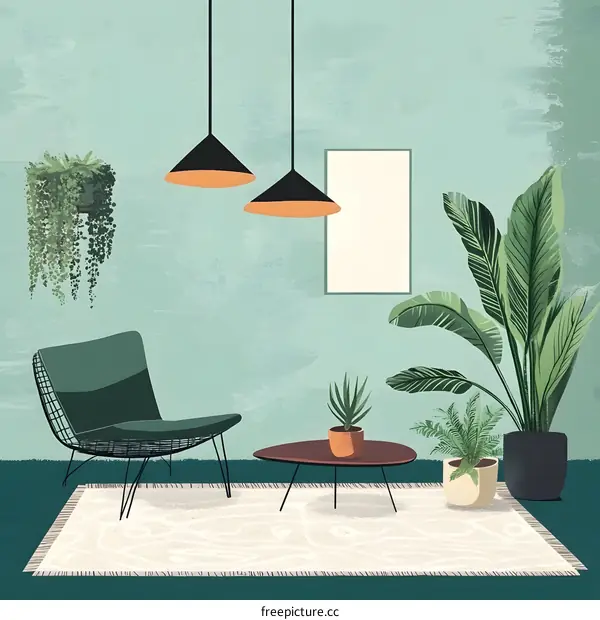 Modern Living Room Illustration With Green Plants and Minimalist Decor