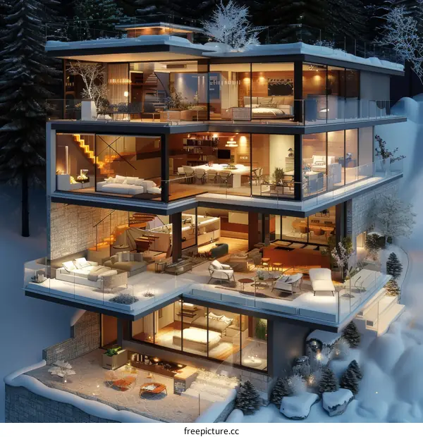 A Modern Glass and Stone House on a Hillside in Winter