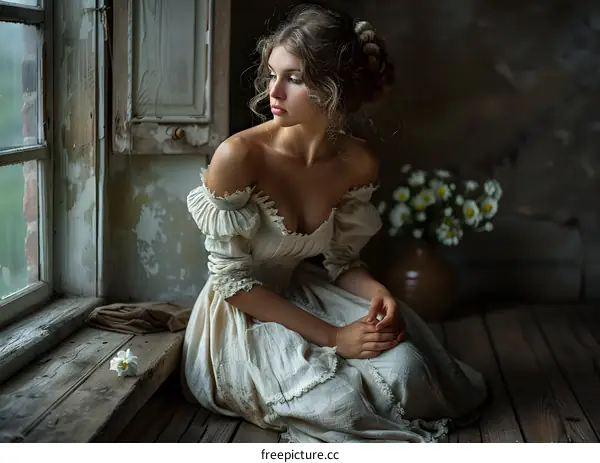 portrait of a beautiful girl in a white dress sitting by the window
