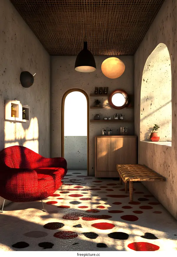 Red Sofa and Polka Dot Floor in Modern Minimalist Living Room