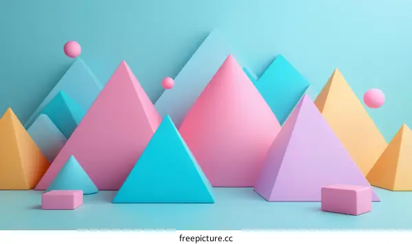 3D rendering of a geometric landscape with pastel colors and simple shapes