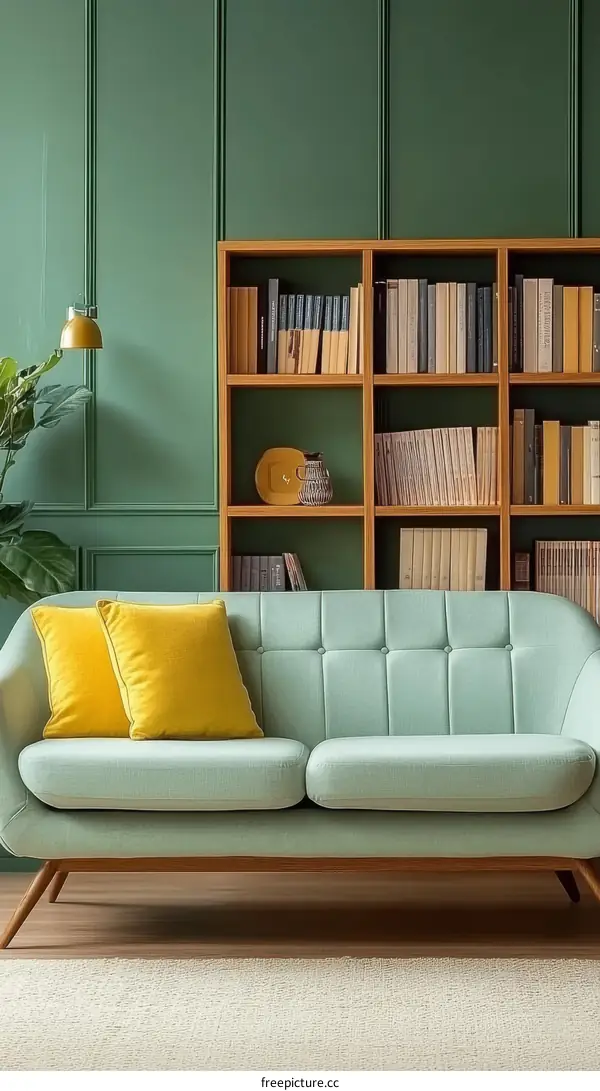 Green Living Room with Bookshelf and Light Teal Sofa