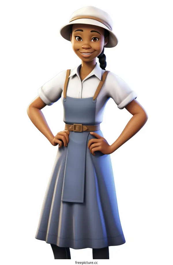 A woman wearing a white hat and blue apron