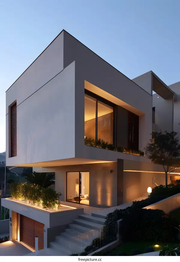 Modern House Design With Large Windows and Stone Walls