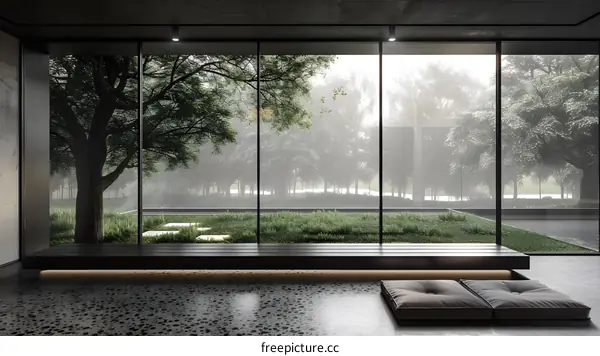 Modern Minimalist Interior Design With View of Foggy Forest