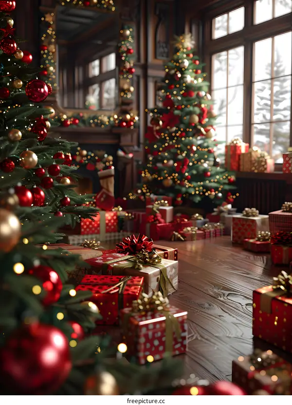 Exquisitely decorated Christmas tree and presents by the fireplace