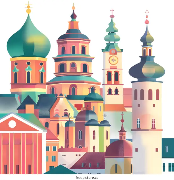 Colorful Illustration of a European Cityscape