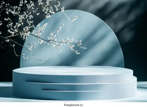 Elegant Light Blue Product Display with Cherry Blossom Branches