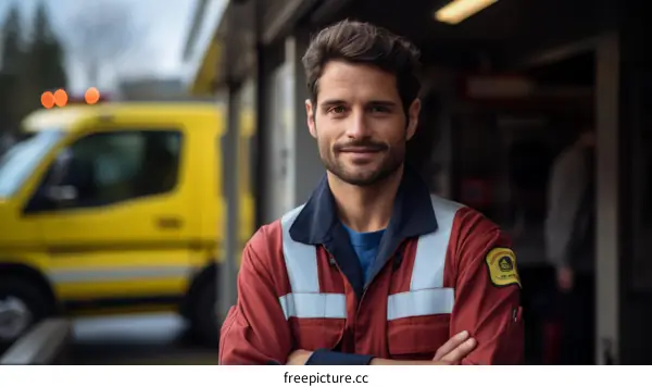 Portrait of a smiling male paramedic in front of an ambulance