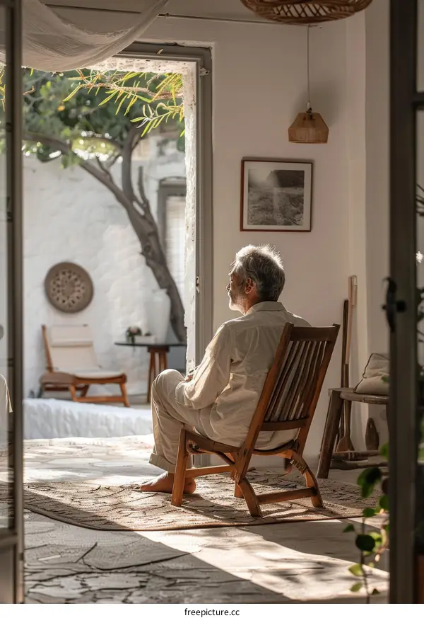 An elderly man sits in a chair in a sunlit room and gazes out at a garden