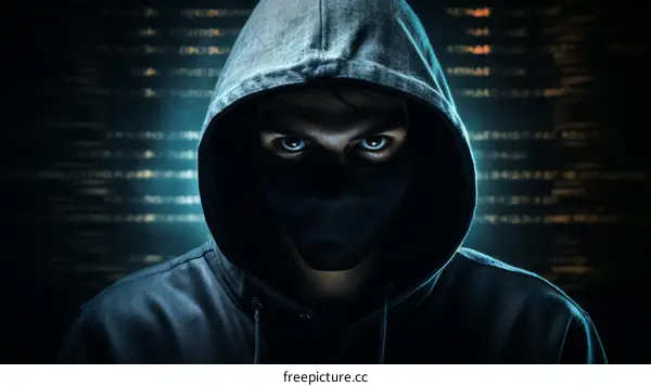 A masked man in a black hoodie stands in front of a dark background with green binary code.