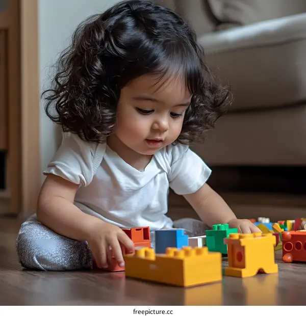 Little Girl Playing With Colorful Building Blocks