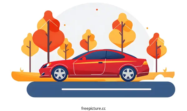 Red Car Driving Through Autumn Forest Illustration