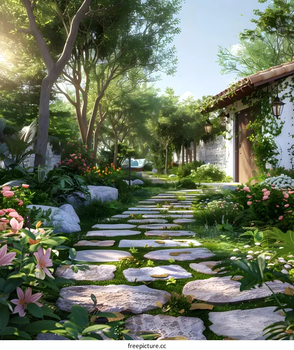 Stone path in a lush garden