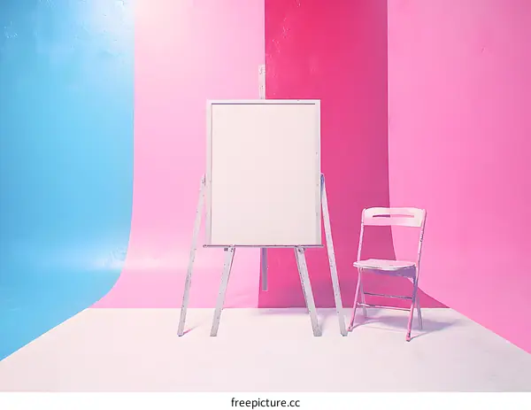 White Canvas on Easel with Chair in Pink and Blue Studio