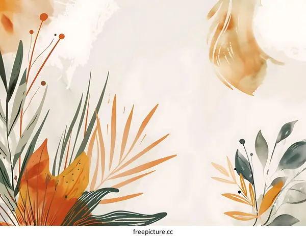 Abstract Watercolor Floral Background With Green and Orange Leaves