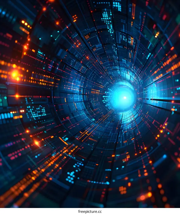 Binary tunnel of glowing orange and blue lights