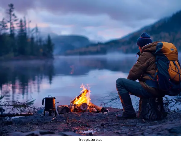 Man Camping Near Lake With Fire And Cooking Pot