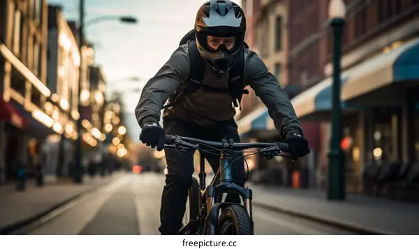 A cyclist rides his bike down a city street