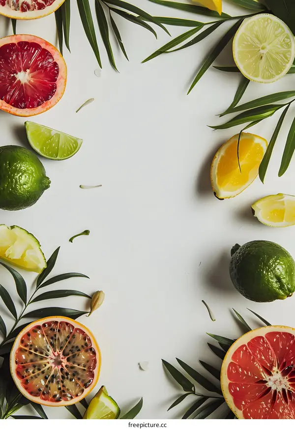 Tropical Fruit and Palm Leaves on a White Background