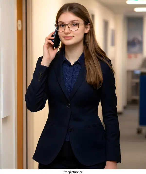 Businesswoman talking on the phone in an office hallway