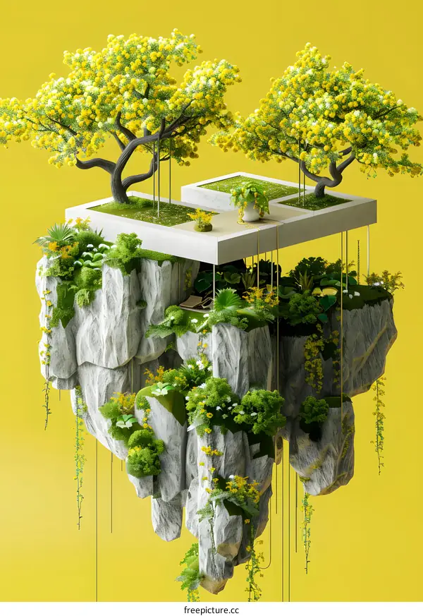 Floating Garden With Yellow Flowers On Top Of Rock Formations