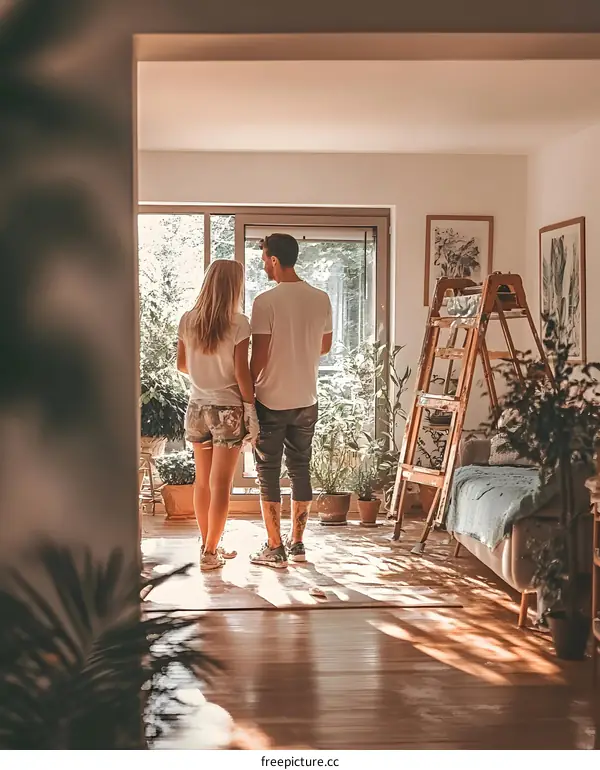 Couple Standing in Living Room Looking Out Window