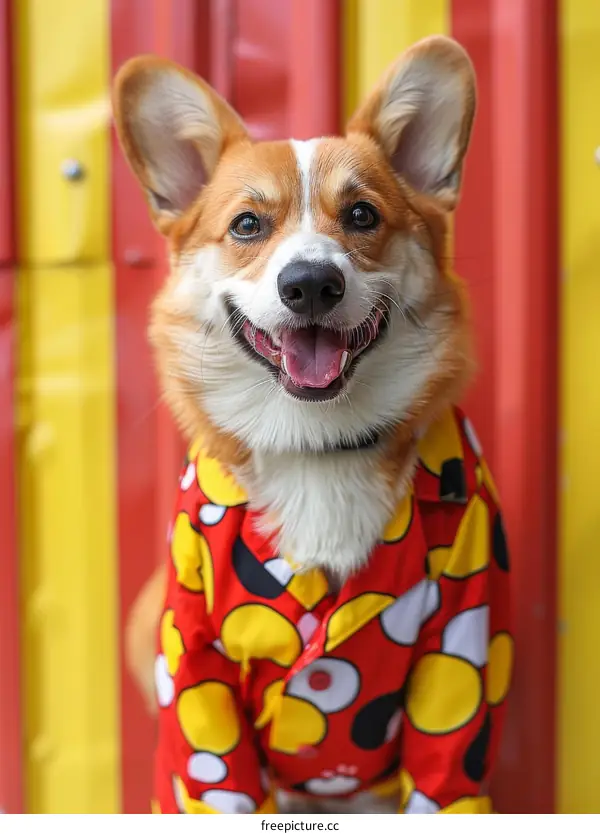 A happy corgi dog wearing a colorful shirt