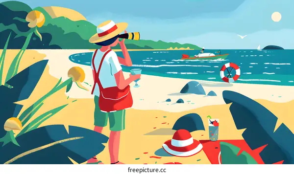 Woman with Binoculars Watching a Boat on the Beach