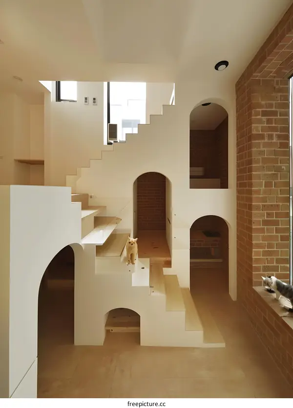 Modern Cat Stairway Interior Design with Brick Wall