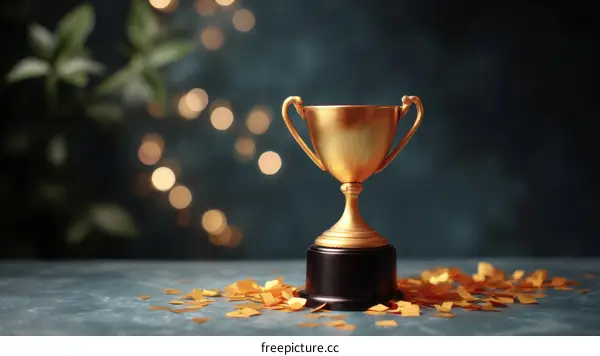 Golden Trophy on Dark Background with Confetti