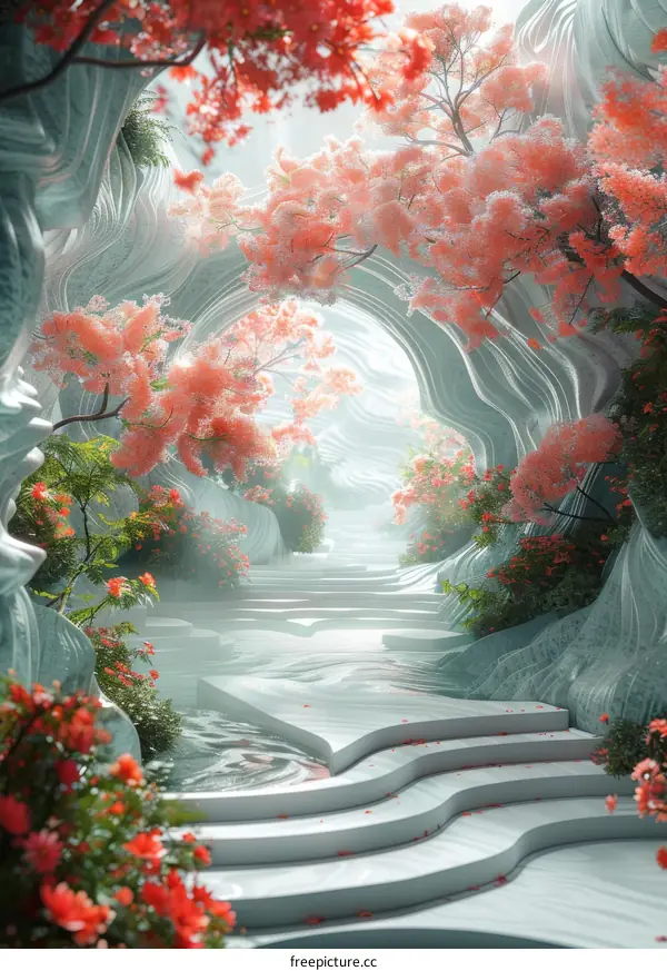 Dreamlike Pink Flowers and Trees in a Marble Canyon
