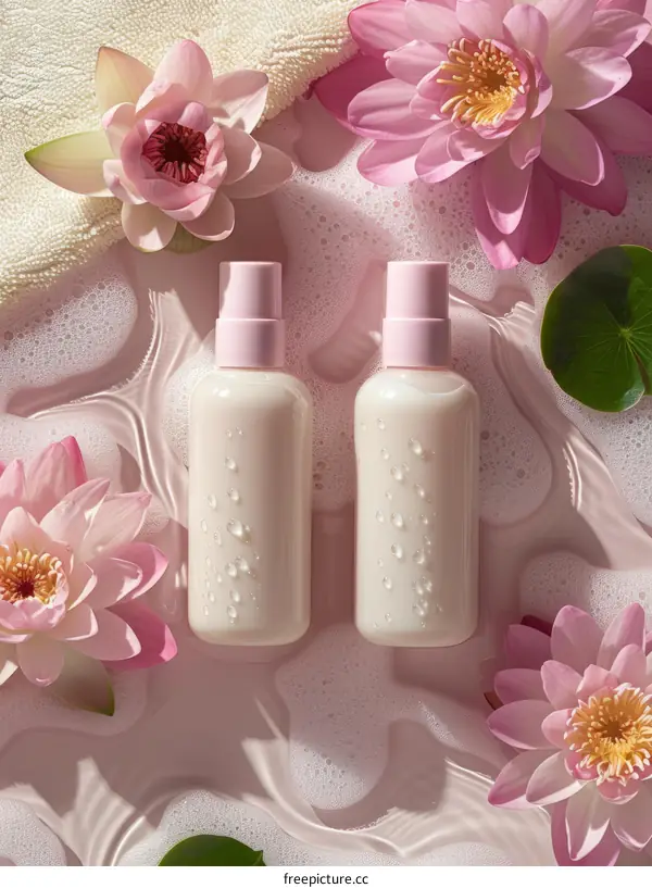 Two bottles of cosmetic product with lotus flowers