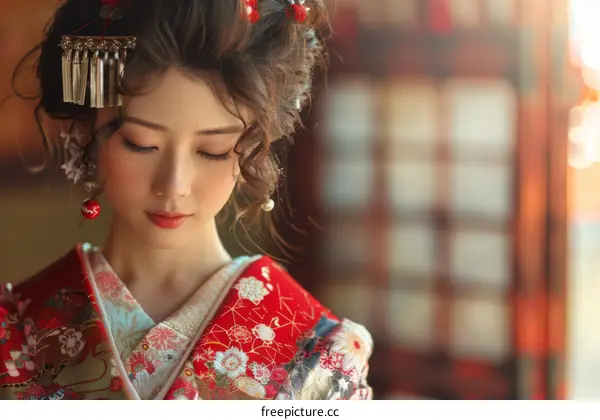 A beautiful Japanese woman in traditional kimono with hair accessories